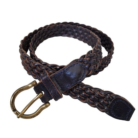 Vintage Braided Black Leather Belt Brass Buckle Made in Thailand - Picture 1 of 8